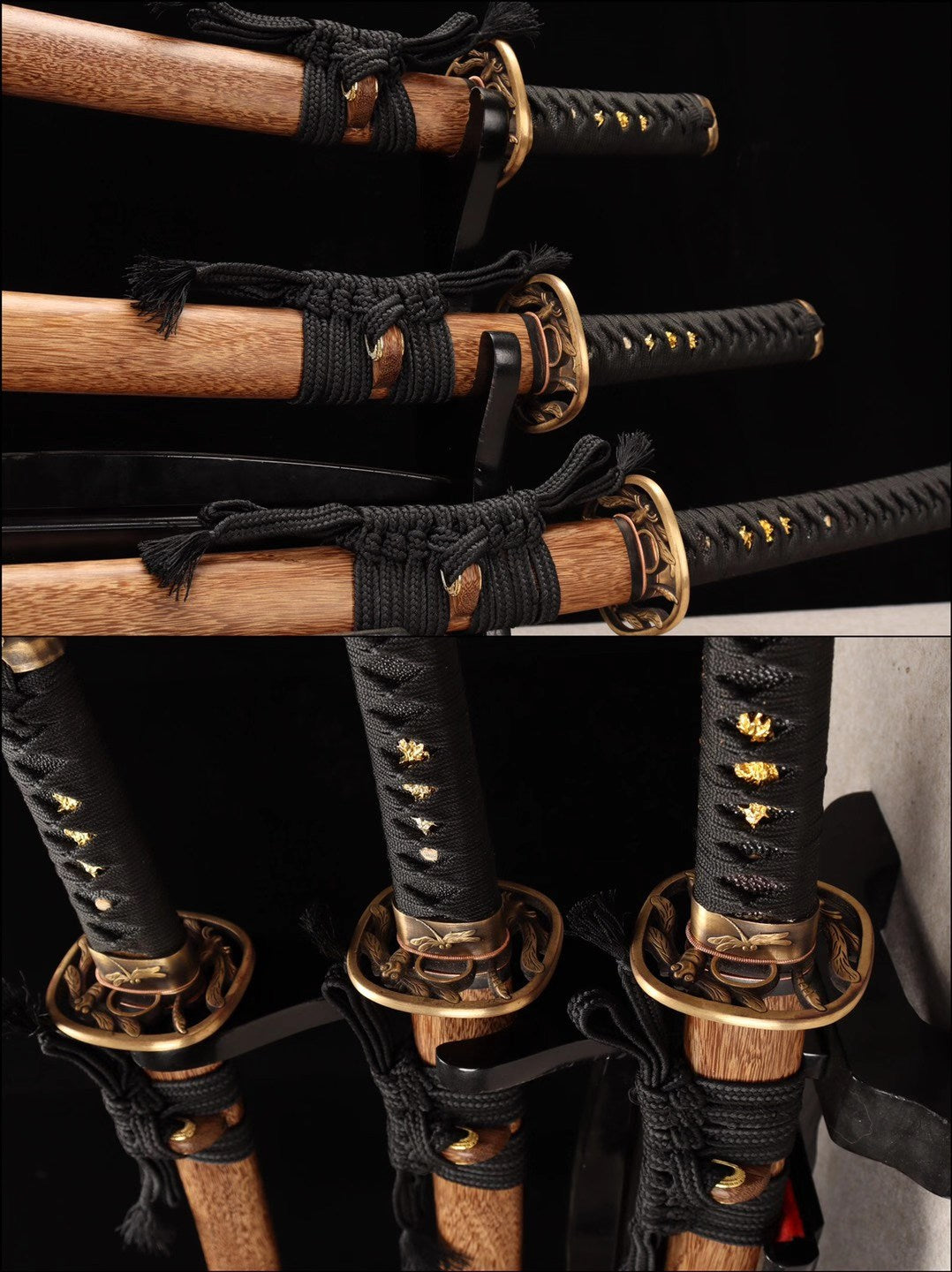 Damascus folding steel samurai sword set,clay burning blade sword set,handmade full tang katana set loveyitadj